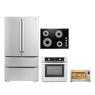 COSMO 4 Piece Kitchen Appliance Package with 30" Electric Cooktop 24" Single Electric Wall Oven 20" Electric Air Fryer Toaster Oven & French Door Refrigerator