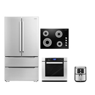 COSMO 4 Piece Kitchen Appliance Package with 30" Electric Cooktop 30" Single Electric Wall Oven 5.5L Electric Hot Air Fryer & French Door Refrigerator