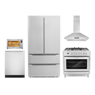 COSMO 5 Piece Kitchen Package with 36" Freestanding Dual Fuel Range 36" Island Range Hood 24" Built-in Fully Integrated Dishwasher, French Door Refrigerator & 20" Electric Air Fryer Toaster Oven