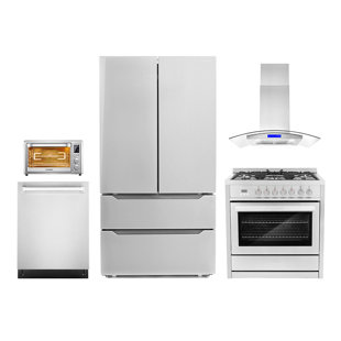 COSMO 5 Piece Kitchen Package with 36" Freestanding Dual Fuel Range 36" Island Range Hood 24" Built-in Fully Integrated Dishwasher, French Door Refrigerator & 20" Electric Air Fryer Toaster Oven