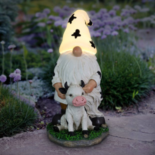 Exhart Solar Gnome with Cow Print Hat and Calf Statue, 6.5 by 10 Inches