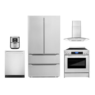 COSMO 5 Piece Kitchen Package with 30" Freestanding Electric Range 30" Wall Mount Range Hood 24" Built-in Fully Integrated Dishwasher, French Door Refrigerator & 5.5L Electric Hot Air Fryer