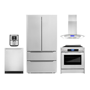 COSMO 5 Piece Kitchen Package with 30" Freestanding Electric Range 30" Island Range Hood 24" Built-in Fully Integrated Dishwasher, French Door Refrigerator & 5.5L Electric Hot Air Fryer