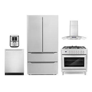 COSMO 5 Piece Kitchen Package with 36" Freestanding Dual Fuel Range 36" Wall Mount Range Hood 24" Built-in Fully Integrated Dishwasher, French Door Refrigerator & 5.5L Electric Hot Air Fryer