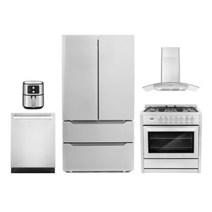 COSMO 5 Piece Kitchen Package with 36" Freestanding Dual Fuel Range 36" Wall Mount Range Hood 24" Built-in Fully Integrated Dishwasher, French Door Refrigerator & 5.5L Electric Hot Air Fryer