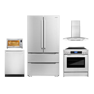 COSMO 5 Piece Kitchen Package with 30" Freestanding Electric Range 30" Wall Mount Range Hood 24" Built-in Fully Integrated Dishwasher, French Door Refrigerator & 20" Electric Air Fryer Toaster Oven