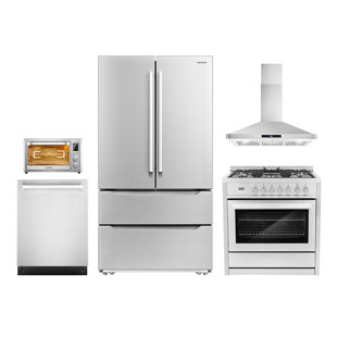 COSMO 5 Piece Kitchen Package with 36" Freestanding Dual Fuel Range 36" Wall Mount Range Hood 24" Built-in Fully Integrated Dishwasher, French Door Refrigerator & 20" Electric Air Fryer Toaster Oven