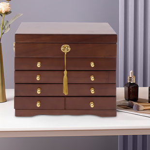 FUNTEN Brown Wooden Jewelry Box for Women, Organizer Box of Solid Wood with Combo Lock for Jewelries