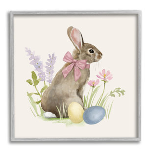 STUPELL INDUSTRIES Easter Bunny Rabbit Bow Spring Flowers & Eggs Black Framed Giclee Texturized Art By Victoria Barnes