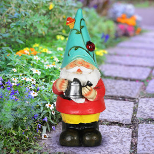 Exhart Solar Blue Hat Billy Garden Gnome Statue with Watering Can, 10 Inch