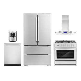 COSMO 5 Piece Kitchen Package with 36" Freestanding Dual Fuel Range 36" Island Range Hood 24" Built-in Fully Integrated Dishwasher, French Door Refrigerator & 5.5L Electric Hot Air Fryer