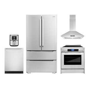 COSMO 5 Piece Kitchen Package with 30" Freestanding Electric Range 30" Island Range Hood 24" Built-in Fully Integrated Dishwasher, French Door Refrigerator & 5.5L Electric Hot Air Fryer