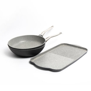 MASTERCLASS 3pc Non-Stick Cast Aluminium Cookware Set with Wok, Frying Pan & Dual Griddle Tray