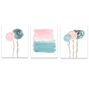 OUTSIDE IN ART STUDIO Blush and Teal Floral Nursery Art, 3 Piece Set Paper Prints