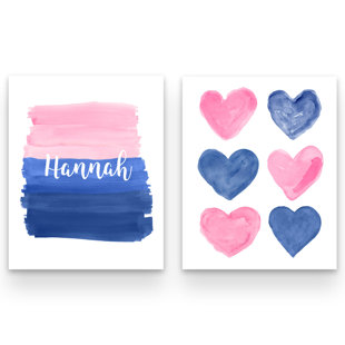 OUTSIDE IN ART STUDIO Pink and Navy Bedroom Print with Hearts Paper Prints (Set of 2)