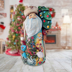 G DEBREKHT Masterpiece Wood Carved Evergreen Dance Santa Figurine