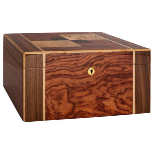 HUMIDOR SUPREME Amarone Desktop Cigar Humidor W/ Burl Wood and Maple Inlay, Spanish Cedar Tray, 45-75 Cigars