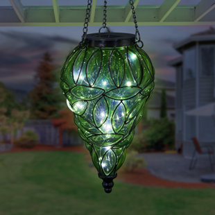 Exhart Solar Tear Shaped Glass and Metal Hanging Lantern with 15 Cool White LED Fairy Firefly String Lights, 7 x 24"