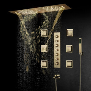 FONTANASHOWERS Parma Remote Controlled Brushed Gold Thermostatic LED Ceiling Mount Shower System with Square Hand Shower and Jetted Body Sprays