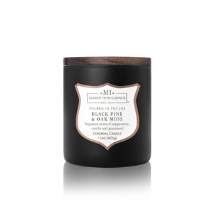 MANLY INDULGENCE Signature Black Pine & Oak Moss 15 oz Wooden Wick Soy Wax Scented Jar Candle, Up to 60 Hours Burn