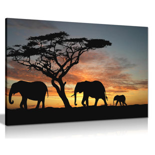 PANTHER PRINT Elephants In The Sunset Africa Landscape Canvas Wall Art Picture Print - Wrapped Canvas Print