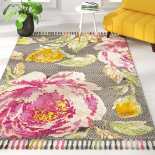 CANORA GREY Madhava Floral Hand-Knotted Wool/Cotton Pink/Black Area Rug