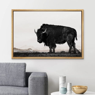 SIGNLEADER Black White Buffalo Bison In the Mountain Landscape Farmhouse Country Wall Art Framed Canvas Print