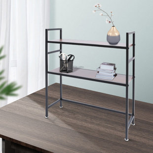 FUNTEN 2-Tier Brown Multipurpose Wood Countertop Hutch Bookshelf Desktop Bookcase for Computer Desk