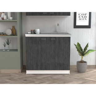 TUHOME Napoles Utility Sink Cabinet With Integrated Steel Sink, White / Smoky Oak Frame