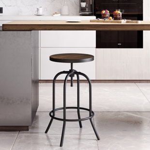 WILLISTON FORGE Washington Swivel Bar Stool – Adjustable Backless Stool for Counter Height with Round Wood Seat and Iron Tube Frame