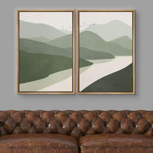 IDEA4WALL Framed Canvas Print Wall Art Green Pastel Watercolor Mountain Valley And River Abstract Shapes Illustrations Modern Landscape Nature For Living Room, Bedroom, Office