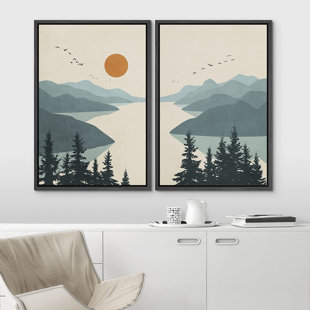 IDEA4WALL Sun Mountain Landscape " Green Pastel Watercolor Mountain Valley, Birds, River " 2 - Pieces