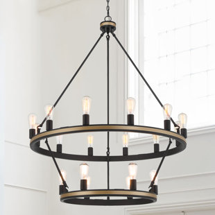 GREYLEIGH™ Anatoli 18 - Light Candle Style Wagon Wheel Chandelier with Wood Accents