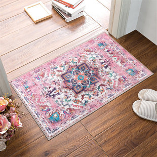 GLN RUGS Oriental Flatweave Machine Washable Cotton Area Rug in Pink