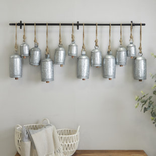 KELLY CLARKSON HOME Kristen Metal Tibetan Inspired Decorative Cow Bells with 12 Bells on Jute Hanging Ropes and Rod
