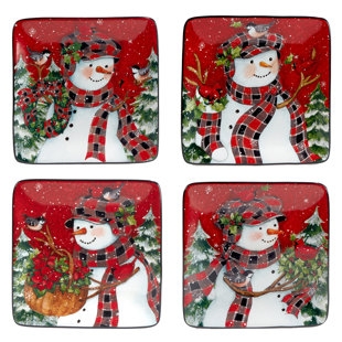 CERTIFIED INTERNATIONAL Christmas Lodge Snowman Set Of 4 Canape Plates