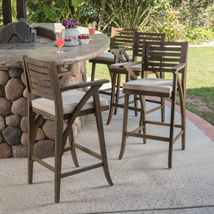 GRACIE OAKS Garrido Acacia Outdoor 30'' Bar Stool with Cushion (Set of 4)