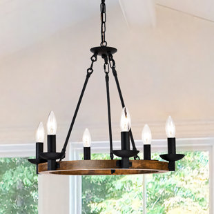 GRACIE OAKS Bundaberg 6 - Light Unique Dimmable Wagon Wheel Farmhouse Chandelier with Wood Accents