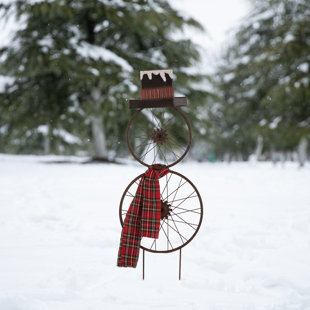 THE TWILLERY CO.® Jed 36.5"H Metal Christmas Sampson Bicycle Wheel Snowman w/Plaid Scarf Yard Stake or Wall Decor