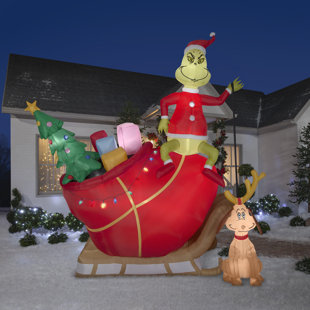 GEMMY INDUSTRIES Airblown Grinch and Max in Sleigh Colossal Scene Inflatable