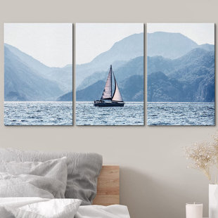 IDEA4WALL " Mountain Horizon With Sailboat " 3 - Pieces