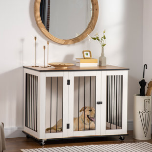 ARCHIE & OSCAR™ Modern Dog Crate End Table With Easy To Clean Surface, Large Dog Crate Furniture On Wheels, Kennel For Large Dogs Indoor With Big Flat Surface, White