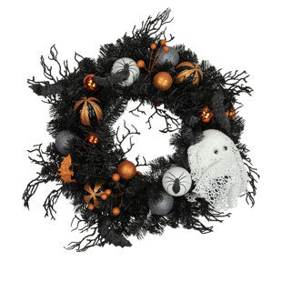 NORTHLIGHT SEASONAL Orange Ornaments and Ghost Halloween Pine Wreath 24-Inch Unlit