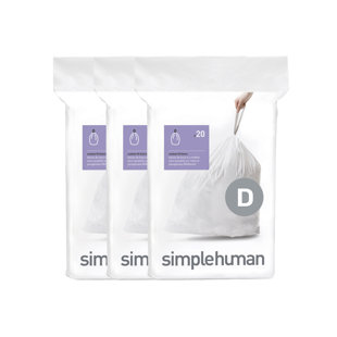 Simplehuman Code D Liners, Pack Of 60 Liners, 50% Recycled Custom Fit Bin Bags, 20L, White