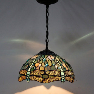 CANORA GREY Turrella Tiffany Light Fixture Sea Blue Stained Glass Dragonfly Hanging Lamp Wide 12 Inch Height 32 Inch