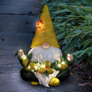 Exhart Solar Garden Gnome Statue with LED Ladybug and Lemon Garland, 7.5 by 9.5 inches