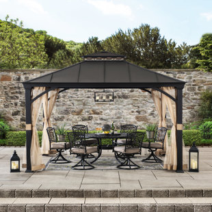 SUNJOY Outdoor Patio 3.2*3.8m Black 2-Tier Hardtop Gazebo with Netting
