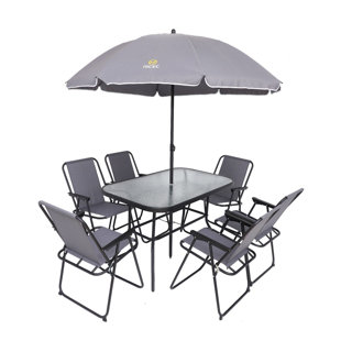 MUKE 8-Piece Patio Dining Set, Garden Outdoor Furniture Table Set with Removable Umbrella, Glass Table, and 6 Folding Chairs