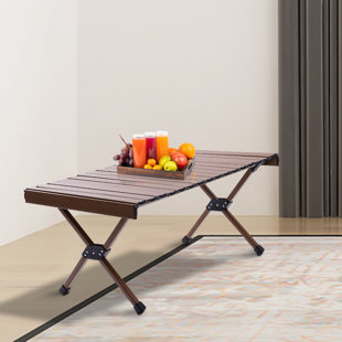 FUNTEN Folding Camping Table Wood Grain Roll-Up Picnic Table 4-6 Person for BBQ Backyard Patio Party