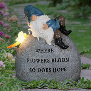 Exhart Solar Hand Painted Gnome Inspirational Hope Garden Stone Statue with LED Dragonfly